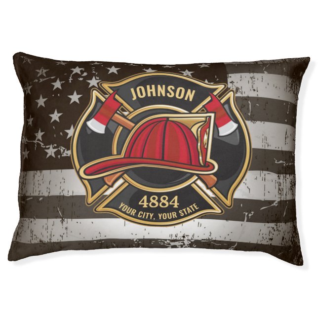 Firefighter NAME Fireman Fire Department USA Flag Pet Bed (Front)