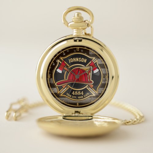 Firefighter NAME Fireman Fire Department USA Flag Pocket Watch