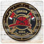 Firefighter NAME Fireman Fire Department USA Flag  Round Clock<br><div class="desc">Firefighter NAME Fireman Fire Department USA Flag design - Emblem with Red Helmet and Axe. Customize with your Name,  Station/Dept Number and location.</div>