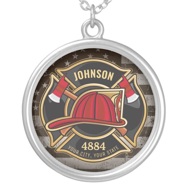 Firefighter NAME Fireman Fire Department USA Flag Silver Plated Necklace (Front)