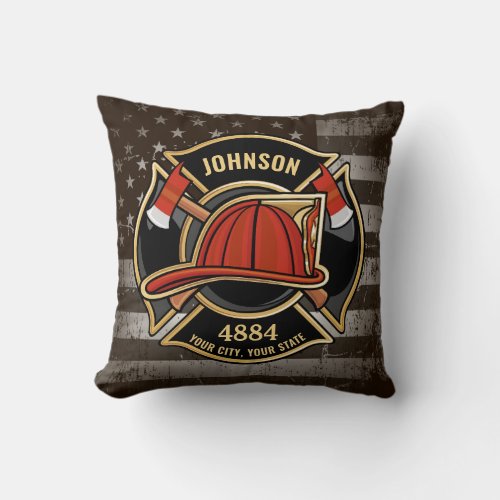 Firefighter NAME Fireman Fire Department USA Flag Throw Pillow