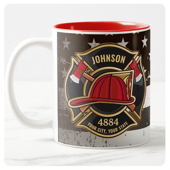 Firefighter NAME Fireman Fire Department USA Flag Two-Tone Coffee Mug (Creator Uploaded)