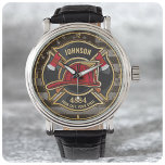Firefighter NAME Fireman Fire Department USA Flag Watch<br><div class="desc">Firefighter NAME Fireman Fire Department USA Flag design - Emblem with Red Helmet and Axe. Customize with your Name,  Station/Dept Number and location.</div>