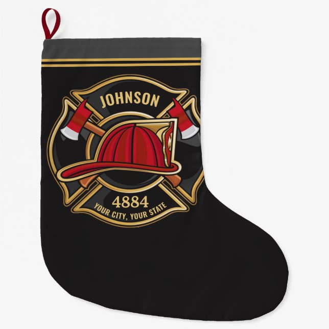 Firefighter NAME Fireman Fire Station Department Large Christmas Stocking (Front)