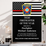 Firefighter Of The Year Award Department Logo Acrylic Print<br><div class="desc">Celebrate and show your appreciation to an outstanding Firefighter with this Thin Red Line Firefighter Of The Year Award - American flag design in Firefighter Flag colors , modern black red design with custom fire department logo. Personalize this Firefighter award with fireman name, text with fire department name, logo and...</div>