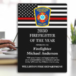 Firefighter Of The Year Award Thin Red Line Plaque<br><div class="desc">Celebrate and show your appreciation to an outstanding Firefighter with this Thin Red Line Firefighter Of The Year Award - American flag design in Firefighter Flag colors , modern black red design with custom fire department logo. Personalize this Firefighter award with fireman name, text with fire department name, logo and...</div>