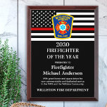 Firefighter Of The Year Department Logo Award Plaque<br><div class="desc">Celebrate and show your appreciation to an outstanding Firefighter with this Thin Red Line Firefighter Of The Year Award - American flag design in Firefighter Flag colors , modern black red design with custom fire department logo. Personalize this Firefighter award with fireman name, text with fire department name, logo and...</div>