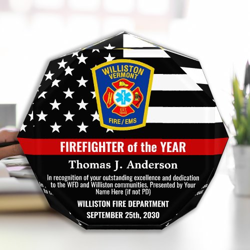 Firefighter Of The Year Emblem Logo Thin Red Line Acrylic Award