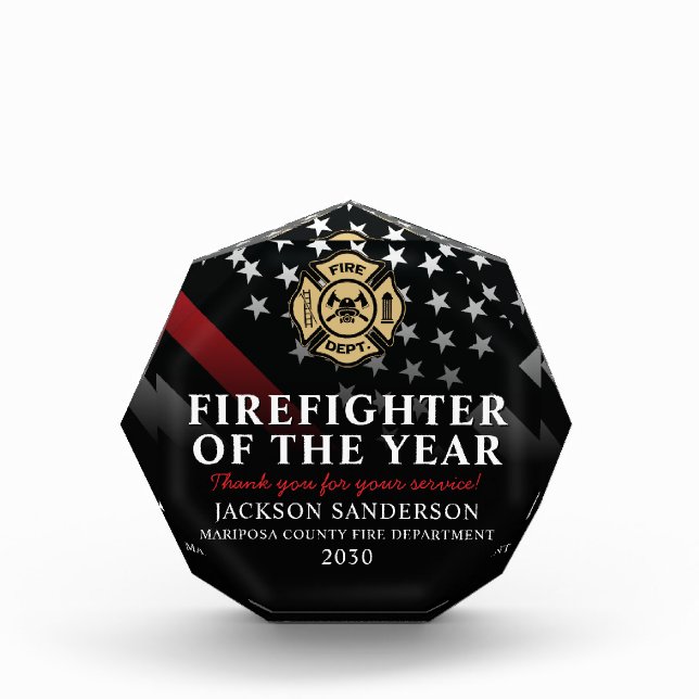 Firefighter of the Year Employee Badge Red Line Acrylic Award (Front)