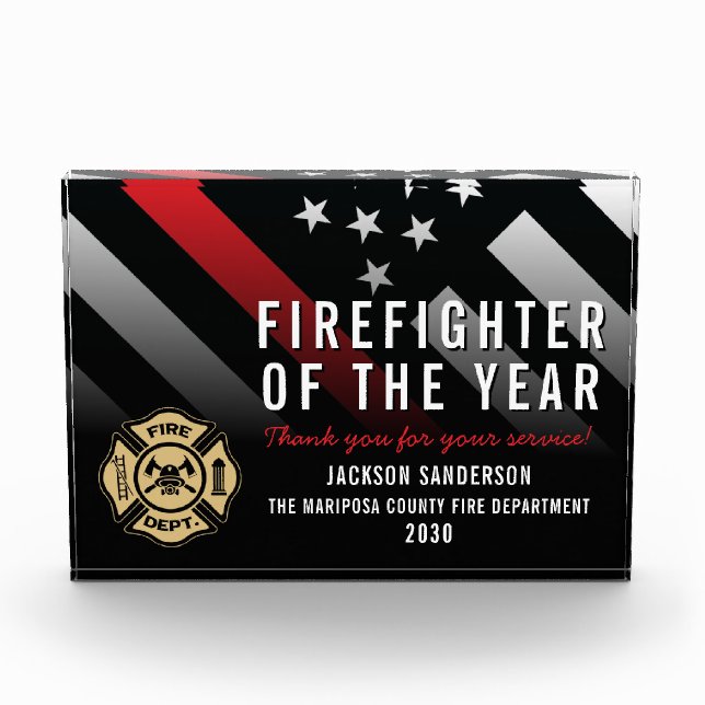 Firefighter of the Year Employee Logo Red Line Acrylic Award (Front)