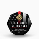 Firefighter of the Year Employee Logo Red Line Acrylic Award<br><div class="desc">Celebrate exceptional dedication and bravery with this striking Firefighter of the Year design. It features a bold firefighter flag with classic black-and-white stripes and a powerful thin red line to honor courage and sacrifice. This award makes a meaningful way to recognize a firefighter, lieutenant, captain, or chief for outstanding service,...</div>