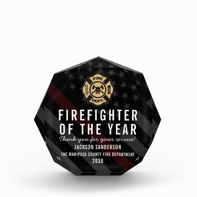Firefighter of the Year Employee Logo Red Line Acrylic Award (Front)
