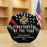 Firefighter of the Year Employee Logo Red Line Acrylic Award<br><div class="desc">Celebrate exceptional dedication and bravery with this striking Firefighter of the Year design. It features a bold firefighter flag with classic black-and-white stripes and a powerful thin red line to honor courage and sacrifice. This award makes a meaningful way to recognize a firefighter, lieutenant, captain, or chief for outstanding service,...</div>