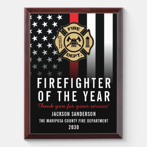 Firefighter of the Year Employee Logo Red Line Award Plaque
