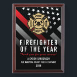 Firefighter of the Year Employee Logo Red Line Award Plaque<br><div class="desc">Celebrate exceptional dedication and bravery with this striking Firefighter of the Year design. It features a bold firefighter flag with classic black-and-white stripes and a powerful thin red line to honor courage and sacrifice. This award makes a meaningful way to recognize a firefighter, lieutenant, captain, or chief for outstanding service,...</div>