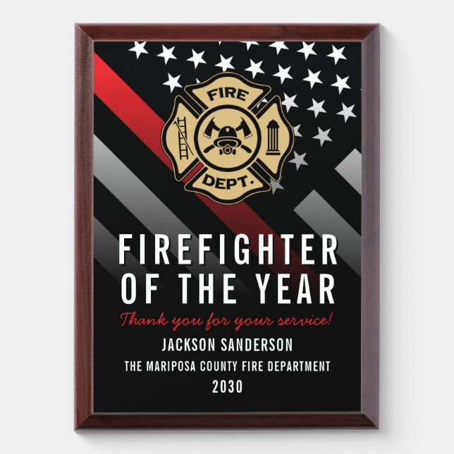 Firefighter of the Year Employee Logo Red Line Award Plaque (Vertical)