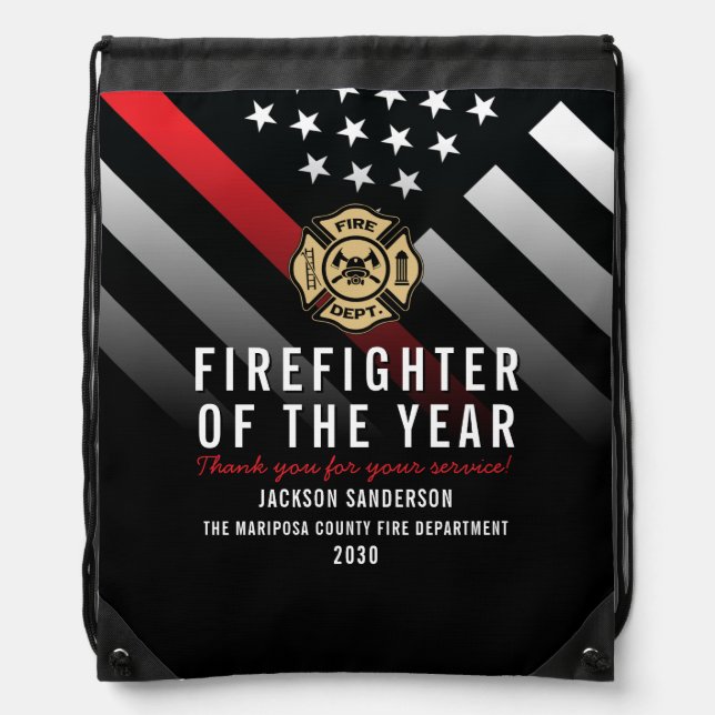 Firefighter of the Year Employee Logo Red Line Drawstring Bag (Front)