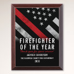 Firefighter of the Year Employee Red Line Flag Award Plaque<br><div class="desc">This design features a firefighter flag with black and white stripes, and a thin red line stripe as well. This award is great for showing appreciation to a firefighter, lieutenant, captain, or chief for their service and becoming firefighter of the year.</div>