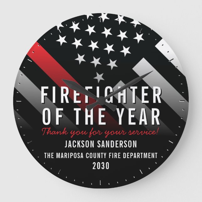 Firefighter of the Year Employee Red Line Flag Large Clock (Front)