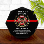 Firefighter of the Year Thin Red Line Acrylic Award<br><div class="desc">Personalized firefighter of the year award,  featuring A thin red line on a solid black bacground,  and the Maltese cross in the center.</div>