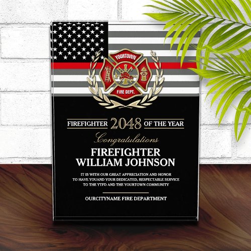 Firefighter of the Year Thin Red Line Flag Acrylic Award