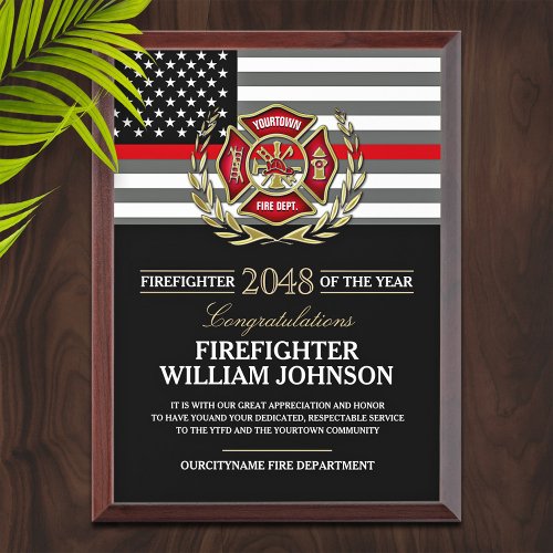 Firefighter of the Year Thin Red Line Flag Award Plaque