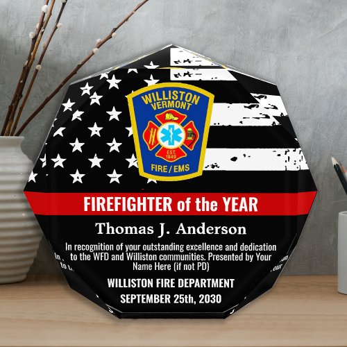 Firefighter Of The Year Thin Red Line Recognition Acrylic Award