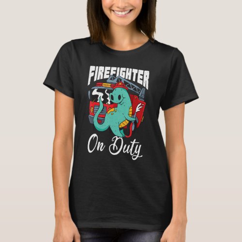 Firefighter On Duty Cute Dinosaur Firetruck Rescue T_Shirt