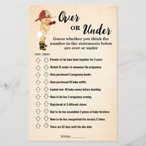 Firefighter Over or Under Baby Shower Game Card Flyer