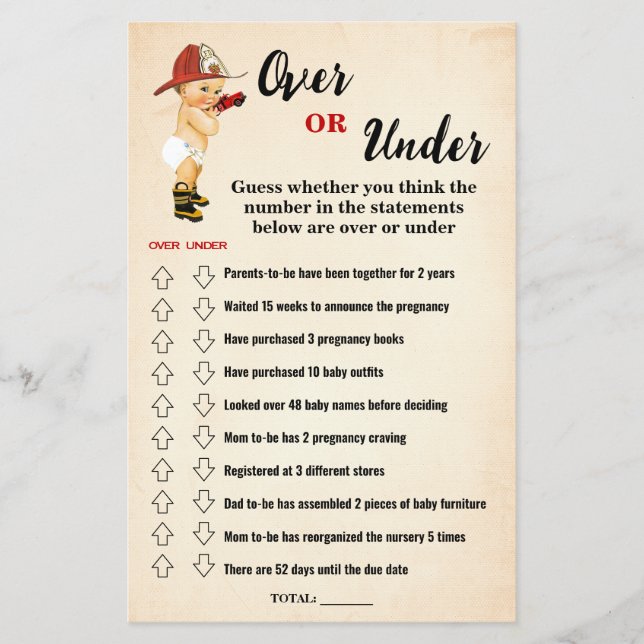 Firefighter Over or Under Baby Shower Game Card Flyer (Front)