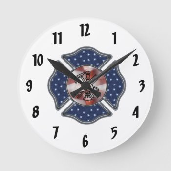 Firefighter Patriotic Logo Round Clock by bonfirefirefighters at Zazzle