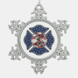 Firefighter Patriotic Snowflake Pewter Christmas Ornament