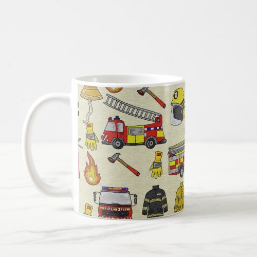 Firefighter Pattern, Fire Truck, Rescue Gear, Flam Coffee Mug