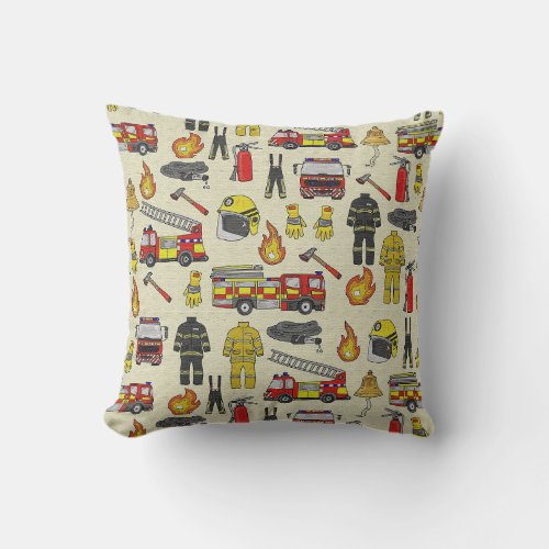 Firefighter Pattern, Fire Truck, Rescue Gear, Flam Throw Pillow