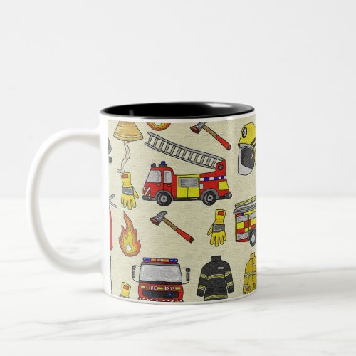Firefighter Pattern, Fire Truck, Rescue Gear, Flam Two-Tone Coffee Mug