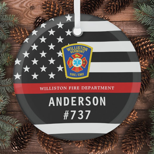 Firefighter Personalized Fire Logo Thin Red Line Glass Ornament (Creator Uploaded)