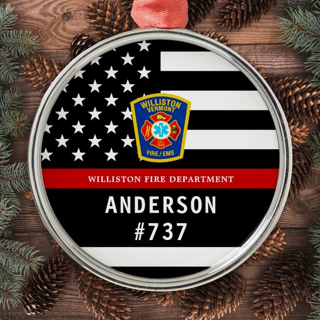 Firefighter Personalized Fire Logo Thin Red Line Metal Ornament (Creator Uploaded)