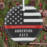 Firefighter Personalized Fireman Thin Red Line Glass Ornament<br><div class="desc">Personalized Thin Red Line Ornament - American flag in Firefighter Flag colors, modern black red design . Personalize with firefighter name, or fire department. This personalized firefighter ornament is perfect for fire departments, fire service, or as a memorial keepsake and fire department Christmas gifts o\r stocking stuffers. Order these firefighter...</div>