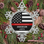 Firefighter Personalized Fireman Thin Red Line Snowflake Pewter Christmas Ornament<br><div class="desc">Personalized Thin Red Line Ornament - American flag in Firefighter Flag colors, modern black red design . Personalize with firefighter name, or fire department. This personalized firefighter ornament is perfect for fire departments, fire service, or as a memorial keepsake and fire department Christmas gifts o\r stocking stuffers. Order these firefighter...</div>