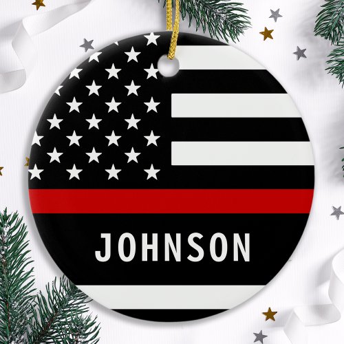 Firefighter Personalized Modern Thin Red Line Ceramic Ornament