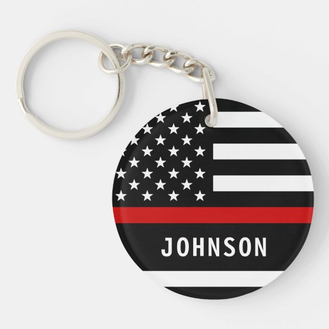 Firefighter Personalized Modern Thin Red Line Keychain (Front)