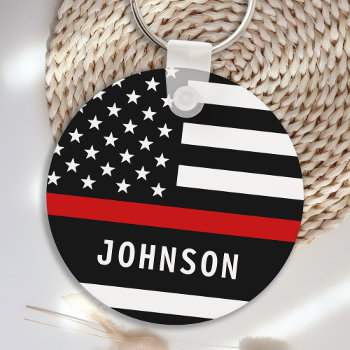 Firefighter Personalized Modern Thin Red Line Keychain by BlackDogArtJudy at Zazzle