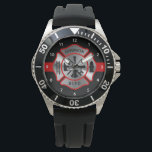 Firefighter Personalized Name Maltese Cross Watch<br><div class="desc">Looking for the perfect gift for your firefighter?! This personalized firefighter watch is perfect for your firefighter retirement or firefighter graduation gifts. This red line design with maltese cross in silver metallic, modern red black design. This fireman graduation collection will be a favorite. These firefighter graduation watch are also perfect...</div>