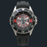 Firefighter Personalized Name Maltese Cross Watch<br><div class="desc">Looking for the perfect gift for your firefighter?! This personalized firefighter watch is perfect for your firefighter retirement or firefighter graduation gifts. This red line design with maltese cross in silver metallic, modern red black design. This fireman graduation collection will be a favorite. These firefighter graduation watch are also perfect...</div>