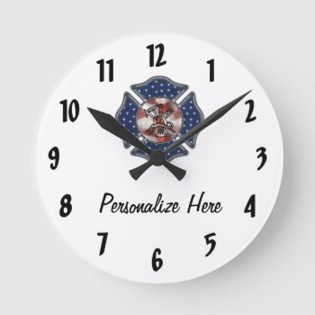 Firefighter Personalized   Round Clock by bonfirefirefighters at Zazzle