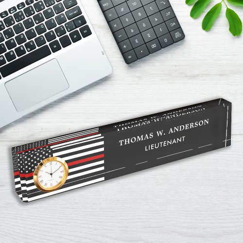 Firefighter Personalized Thin Red Line Clock Desk Name Plate