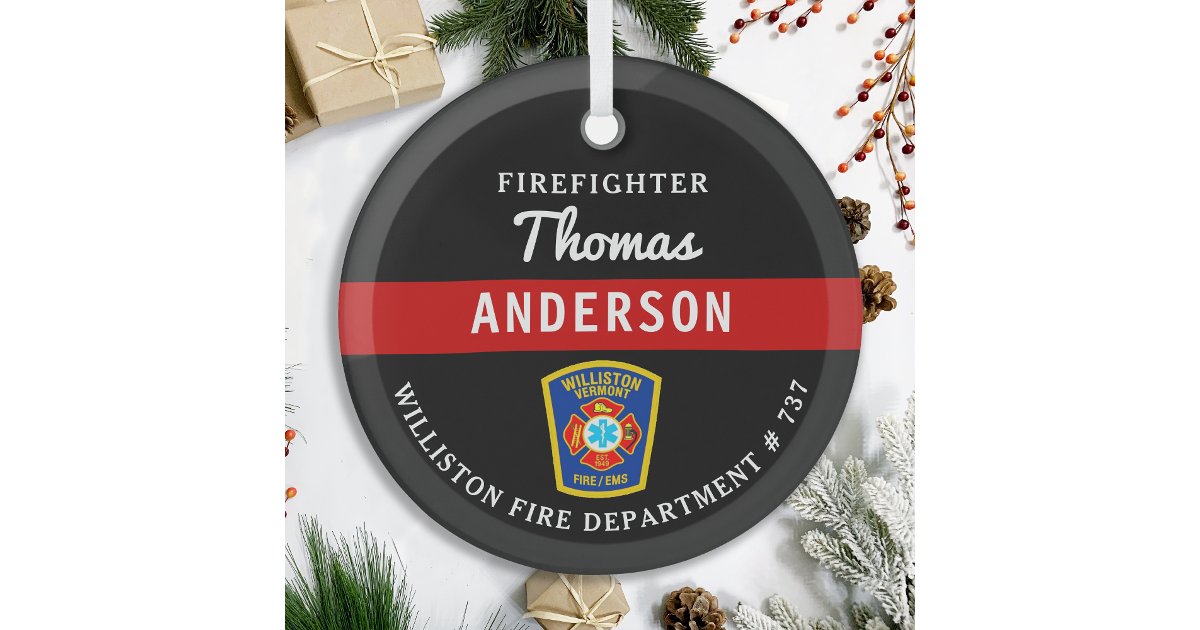 Firefighter Personalized Thin Red Line Fire Rescue Glass Ornament | Zazzle