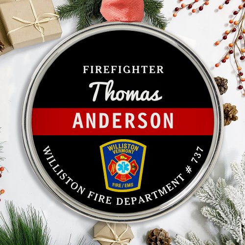 Firefighter Personalized Thin Red Line Fire Rescue Metal Ornament