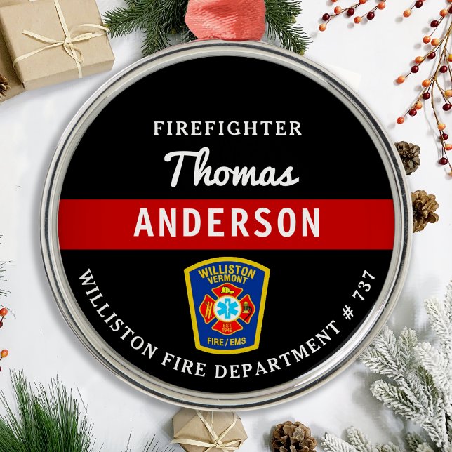 Firefighter Personalized Thin Red Line Fire Rescue Metal Ornament (Creator Uploaded)