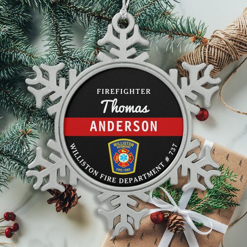 Firefighter Personalized Thin Red Line Fire Rescue Snowflake Pewter Christmas Ornament